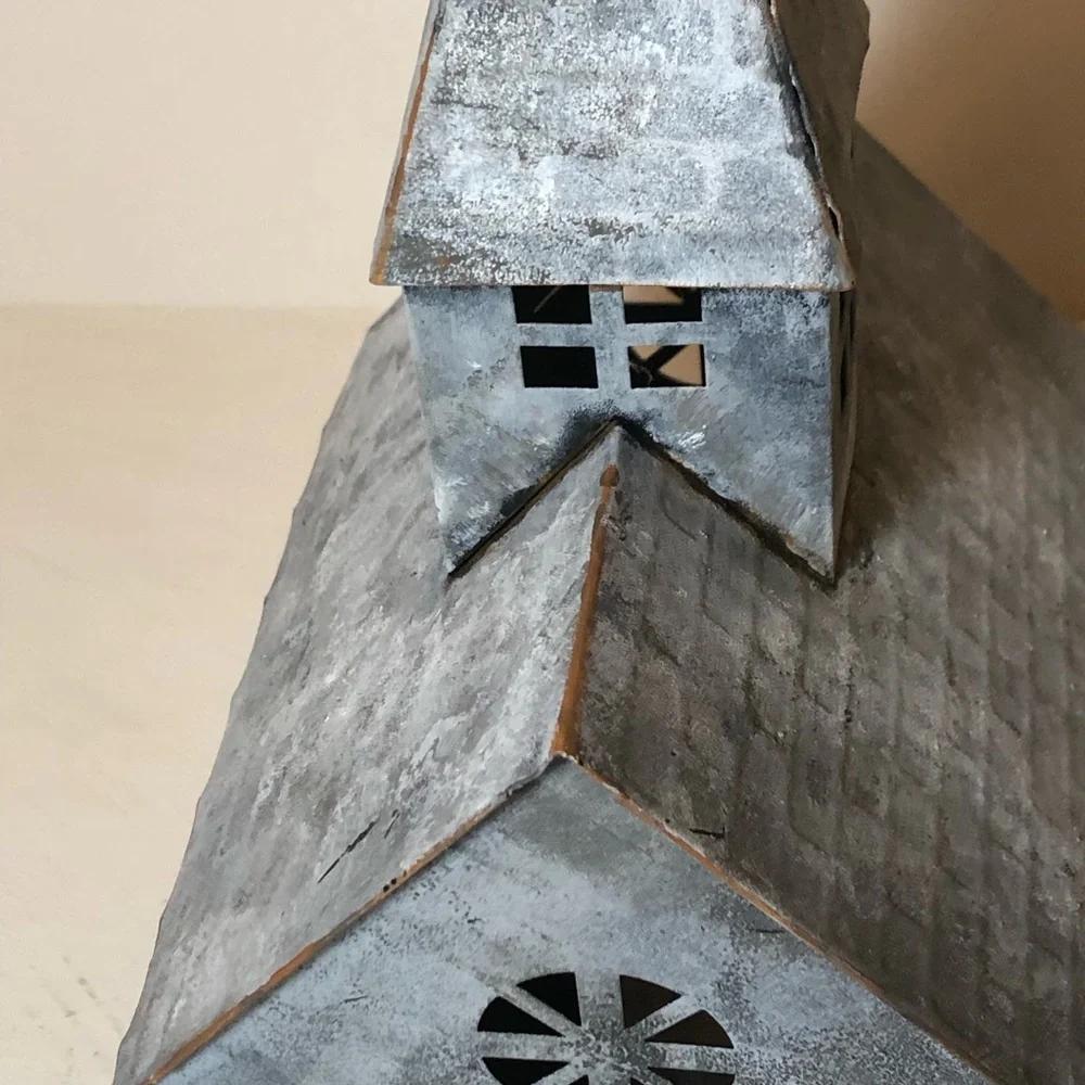 Metal Pre-Lit Church/Chapel Votive Holder in Distressed Galvanized Gray, EUC